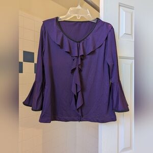 NWOT Dark Purple Ruffle front Ruffled Cuffs Long Sleeve Blouse Top One Size